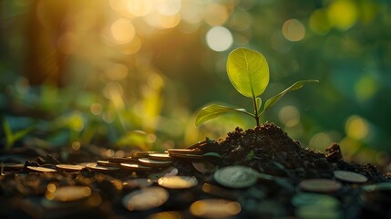 Sapling Sprouting from Coins Symbolizing Financial Growth and Potential