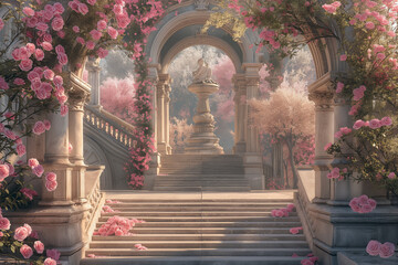 Fototapeta premium illustration fantasy background wallpaper of beautiful rose flower at ancient palace garden yard