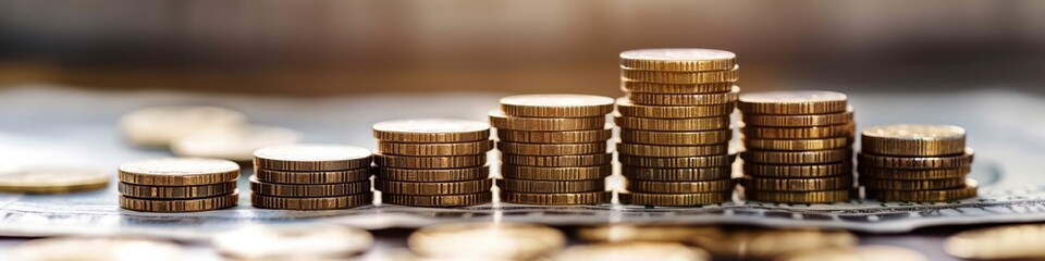 Stacked rows of increasing golden coins on currency notes representing financial success and savings