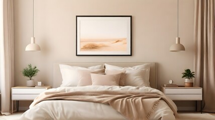 Blank white modern minimalist wall art mockup canvas, against a aesthetic cream color wall background, blank bedroom wall art mockup with cream theme 