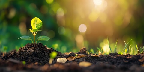 Young green plant sprouting from fertile soil bathed in warm sunlight, depicting new life and growth