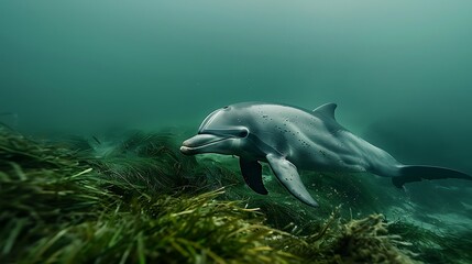 Fototapeta premium Dolphin in the water illustration, Beautiful, summer vibe, beach, ocean, sea, fish, background