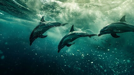 Fototapeta premium Dolphin in the water illustration, Beautiful, summer vibe, beach, ocean, sea, fish, background