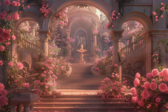 illustration fantasy background wallpaper of beautiful rose flower at ancient palace garden yard