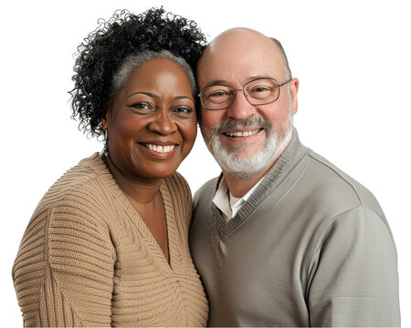 Portrait of a happy older interracial couple, transparent background (PNG)