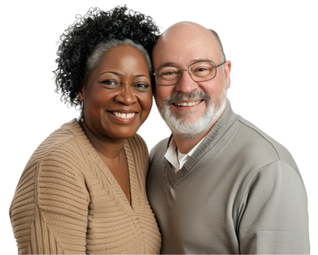 Portrait of a happy older interracial couple, transparent background (PNG)