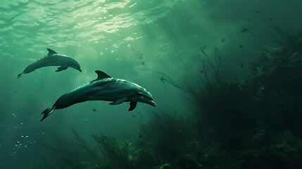 Obraz premium Dolphin in the water illustration, Beautiful, summer vibe, beach, ocean, sea, fish, background