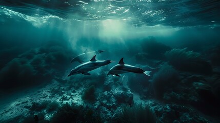 Fototapeta premium Dolphin in the water illustration, Beautiful, summer vibe, beach, ocean, sea, fish, background