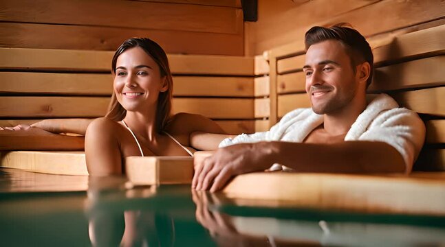 Verliebetes Paar sitzt in der Sauna und genie&szlig;t eine Auszeit