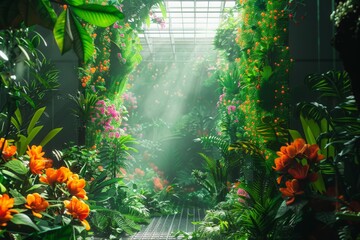 Visualize a lush garden where the plants are actually biosensors, their leaves and flowers glowing with cybernetic light as they detect and process various biomarkers