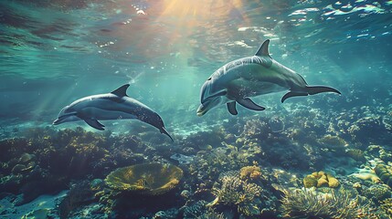 Fototapeta premium Dolphin in the water illustration, Beautiful, summer vibe, beach, ocean, sea, fish, background