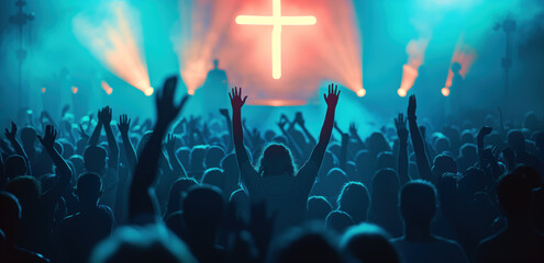 Large Worship Concert with Uplifted Hands and Illuminated Cross. Concept of Joyful and Devout Religious Gathering.