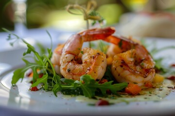 Close-up of grilled shrimps served with a refreshing salad garnish on a hot summer day