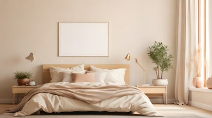 Blank white modern minimalist wall art mockup canvas, against a aesthetic cream color wall background, blank bedroom wall art mockup with cream theme