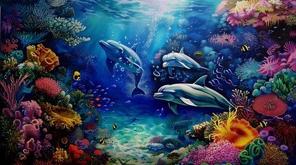 Obraz premium Dolphin in the water illustration, Beautiful, summer vibe, beach, ocean, sea, fish, background