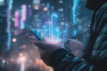 A man holds a futuristic phone in his hand, on which appears a futuristic metropolitan city with a holographic world. Concept of: business, connection, communication, people