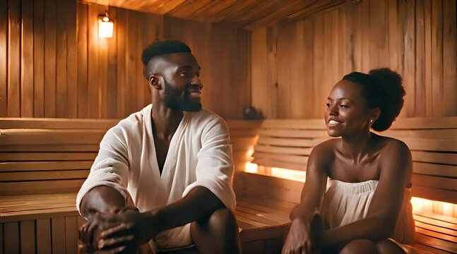 Verliebetes Paar sitzt in der Sauna und genie&szlig;t eine Auszeit