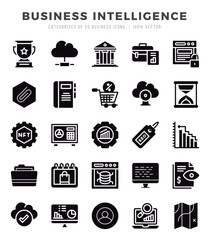 Vector icons set of Business Intelligence. Glyph style Icons.