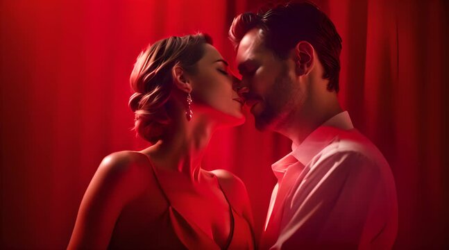 Verliebtes Paar z&auml;rtlich vor rotem Hintergrund