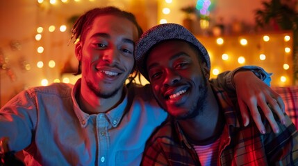 Obraz premium A young African American man with a disability poses with a disabled friend during a house party.