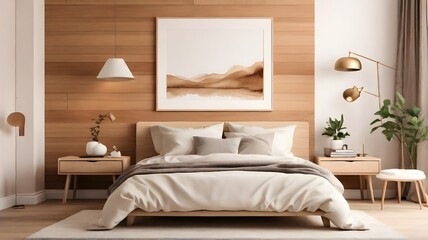 Blank white modern minimalist wall art mockup canvas, against a aesthetic hazelwood color wall background, blank bedroom wall art mockup with hazelwood theme