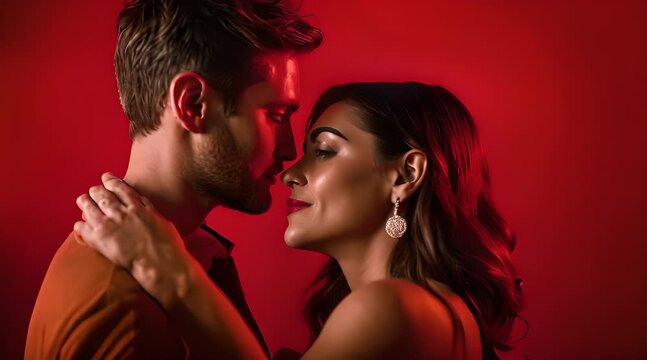 Verliebtes Paar z&auml;rtlich vor rotem Hintergrund