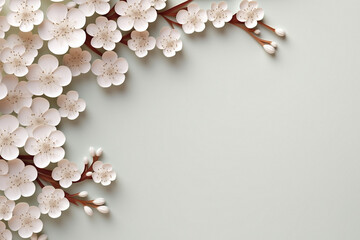 Paper cut flowers and leaves, Fresh spring nature background. Floral banner, poster, flyer template with copy space.