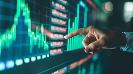 Capture a person presenting a data chart, close-up, focus on their hand pointing at key metrics, realistic, Composite, with a digital screen background displaying further analytics