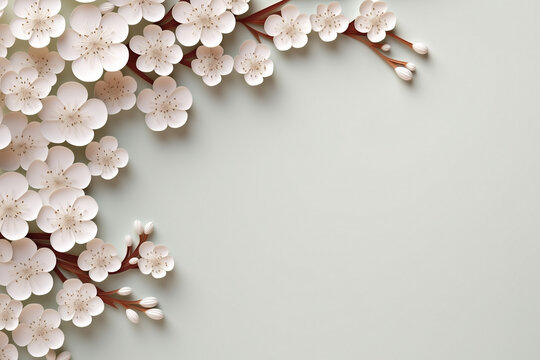 Paper cut flowers and leaves, Fresh spring nature background. Floral banner, poster, flyer template with copy space.