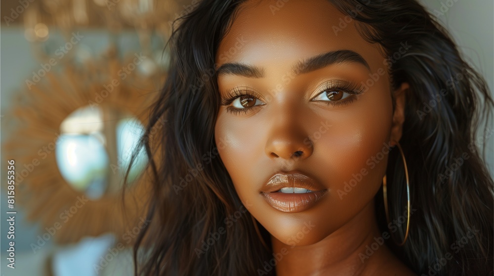 Sticker A natural beauty woman close-up portrait with charming smile, brown skin, long hair, captivating eyes, and fashionable makeup