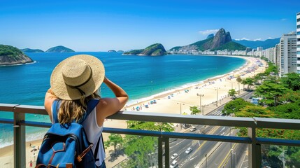 Fototapeta premium a woman adorned in a sunny dress and straw hat standing gracefully on her apartment balcony, gazing out at a breathtaking tropical beach vista.