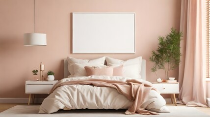 Blank white modern minimalist wall art mockup canvas, against a aesthetic macaroon color wall background, blank bedroom wall art mockup with mazaroon theme
