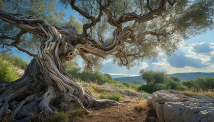 gnarled and twisted olive tree, its branches telling the story of years of growth and resilience in a Mediterranean landscape