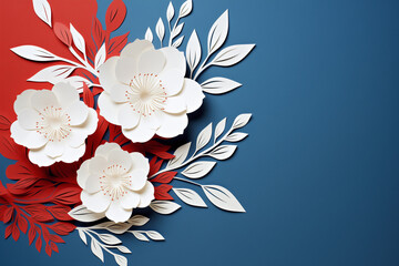 Paper cut flowers and leaves, Fresh spring nature background. Floral banner, poster, flyer template with copy space.