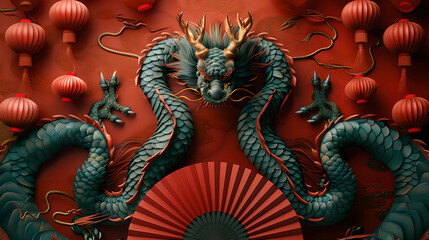 Obraz premium Intricate Chinese Dragons and Lanterns in Festive Red, Generative AI