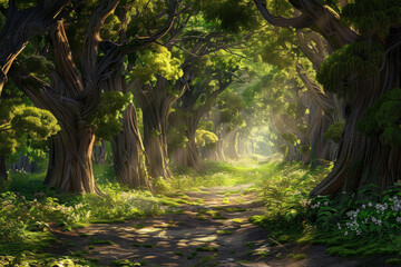 An enchanted forest path winding through towering trees, with sunlight filtering through the lush canopy and casting enchanting shadows on the forest floor