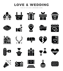Love & Wedding Glyph icons collection. 25 icon set. Vector illustration.