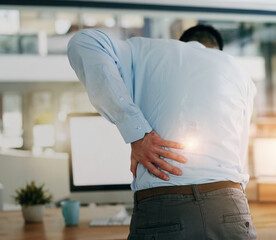 Back pain, business man and anxiety at a corporate company with strain from burnout at law firm....