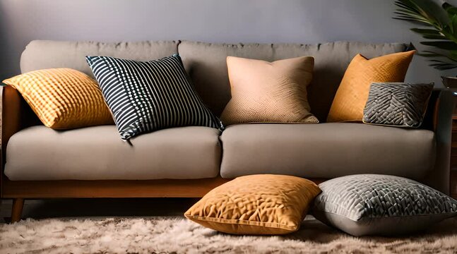Verschiedene Dekokissen liegen auf der Couch