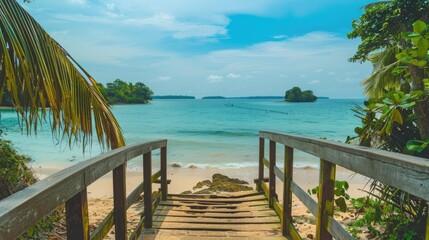 wooden stairs bordered by lush green vegetation, leading down to a sun-kissed beach where people swim and boat, against a backdrop of azure sea, sky, and distant islands with verdant trees.
