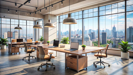 A bright, modern coworking office interior with wooden desks and concrete floors, featuring a panoramic window with a stunning city view in the background.