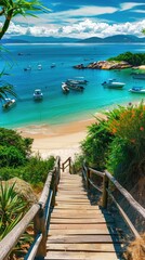 wooden stairs bordered by lush green vegetation, leading down to a sun-kissed beach where people swim and boat, against a backdrop of azure sea, sky, and distant islands with verdant trees.