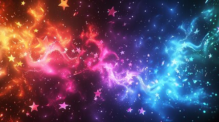 A colorful galaxy with stars and a rainbow background