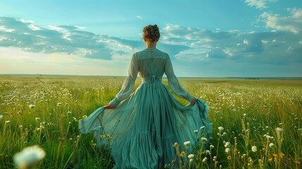 A woman in a long dress is walking through a field of flowers