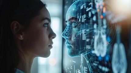 A woman is looking at a computer screen that shows a face