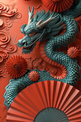 Sculpted Teal Dragon with Intricate Red Fans on Orange, Generative AI