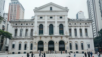 Fototapeta premium a building with stark white walls and black windows in a beige-textured historical city center, offering a street-level perspective of the facade against a backdrop of a clear sky.
