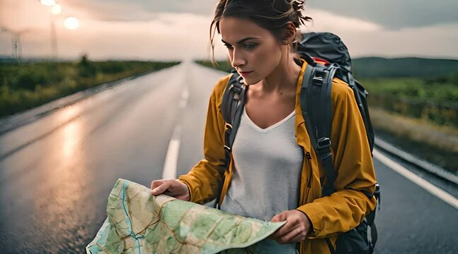 Wanderer mit gro&szlig;em Rucksack h&auml;lt Landkarte in den H&auml;nden und sucht den Weg