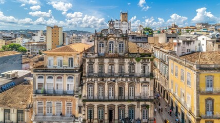 Fototapeta premium a building with stark white walls and black windows in a beige-textured historical city center, offering a street-level perspective of the facade against a backdrop of a clear sky.