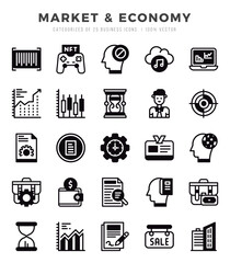 Collection of Market & Economy 25 Lineal Filled Icons Pack.